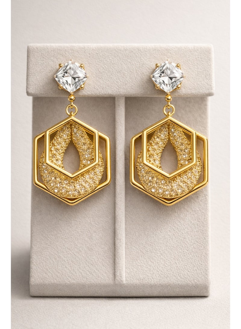 3Diamonds Gold Plated Geometric Drop Earrings for Women | Sparkling Stone Design - Image 2